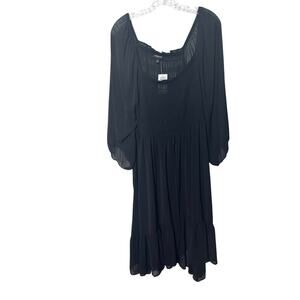 Torrid Chiffon Smocked Blouson Tunic Dress 3X Black Long Sleeve Ruffle Hem‎
